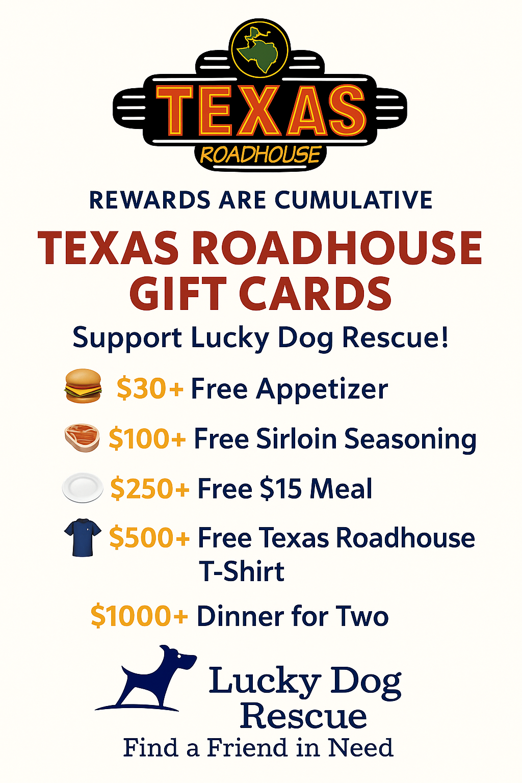 Texas Roadhouse Gift Card - Support Lucky Dog Rescue!