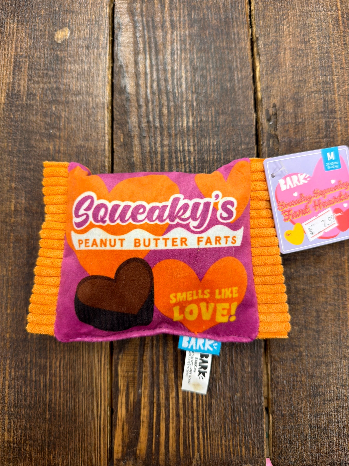 Bark Sneaky Squeaky Fart Hearts dog toy size medium