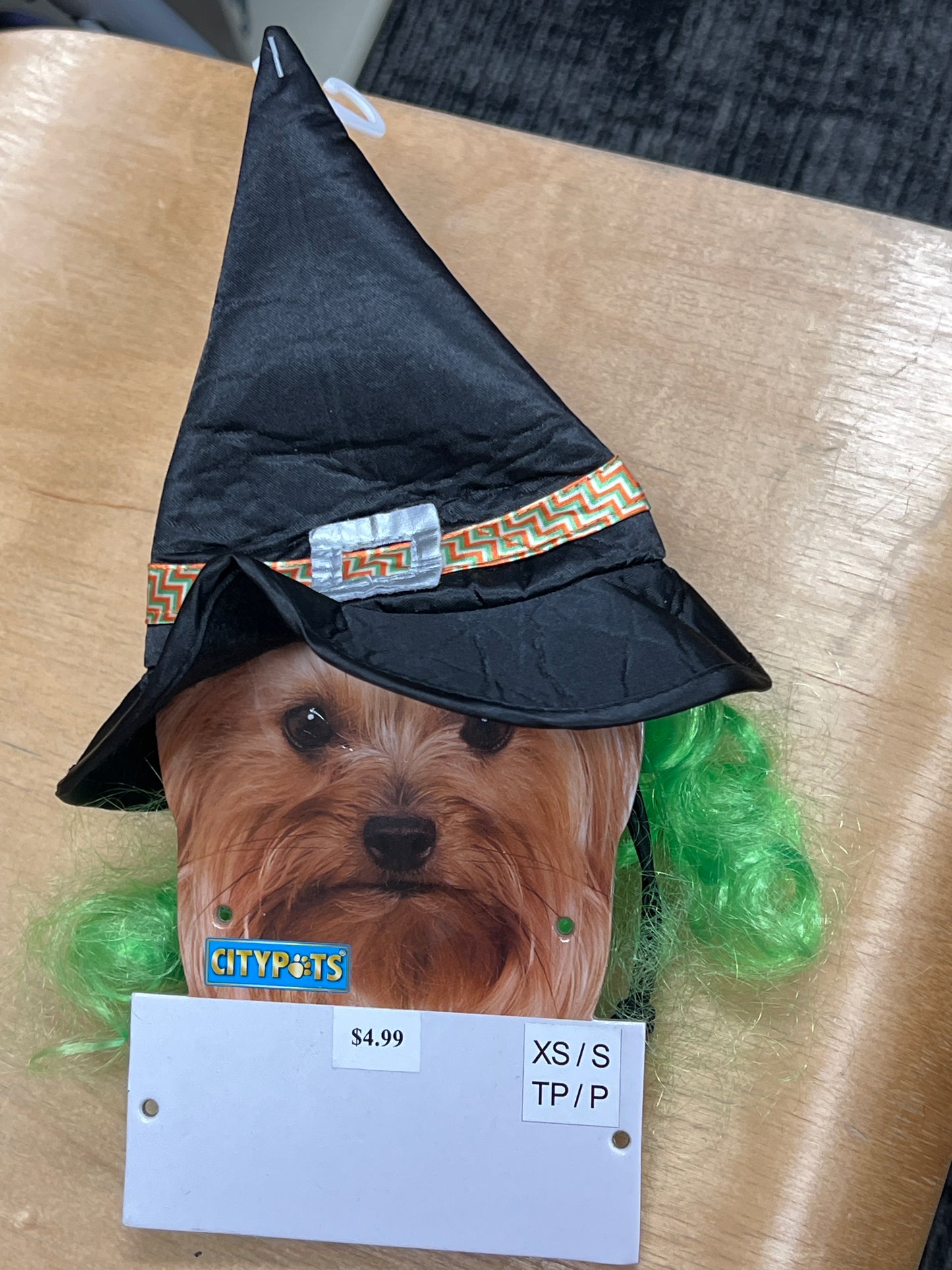 Satin black Witch’s hat with green hair for Pets size xs/s