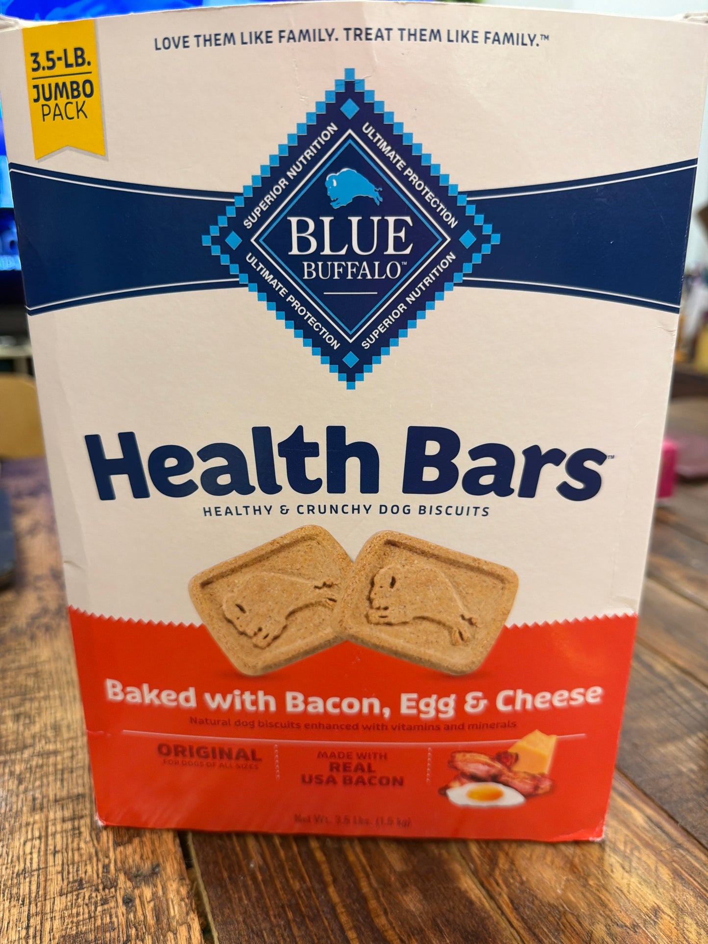 Blue Buffalo Health Bars crunchy dog biscuits bacon, egg, and cheese 3.5lbs box