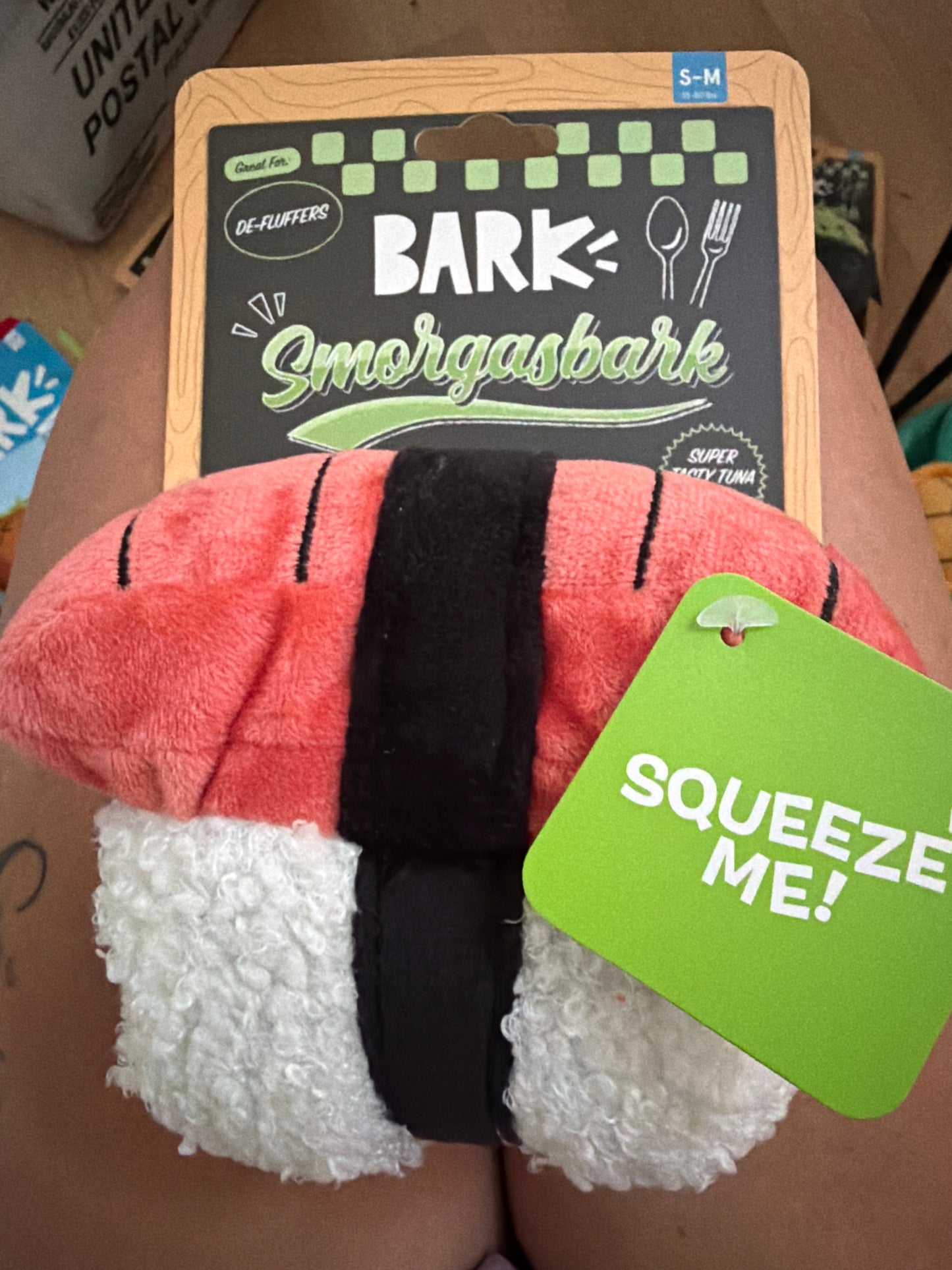 Bark Smorgasbark Super Tasty tuna sushi dog toy size s-m