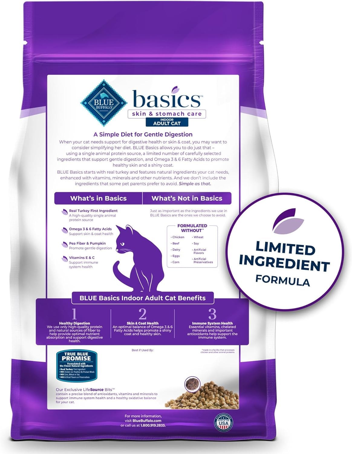 Basics Grain-Free Dry Cat Food, Skin & Stomach Care, Limited Ingredient Diet for Indoor Cats, Turkey & Potato Recipe, 11-Lb. Bag