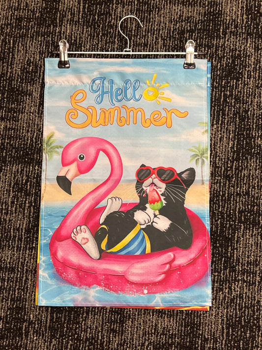 Hello Summer Tuxedo cat garden flag nylon