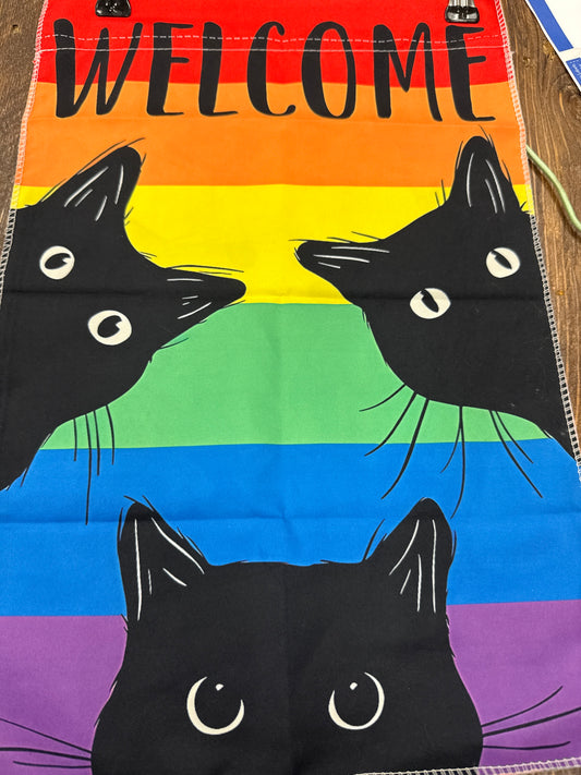 Pride, black cat welcome garden flag woven fabric