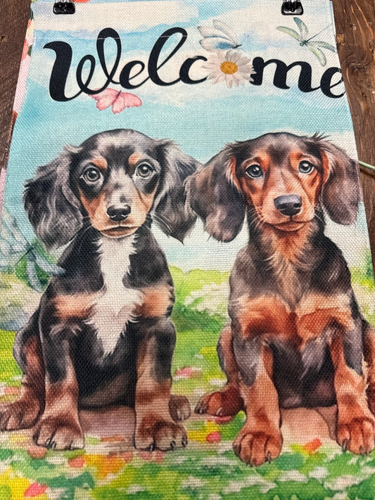 Welcome Long Hair Dachshund garden flag woven fabric