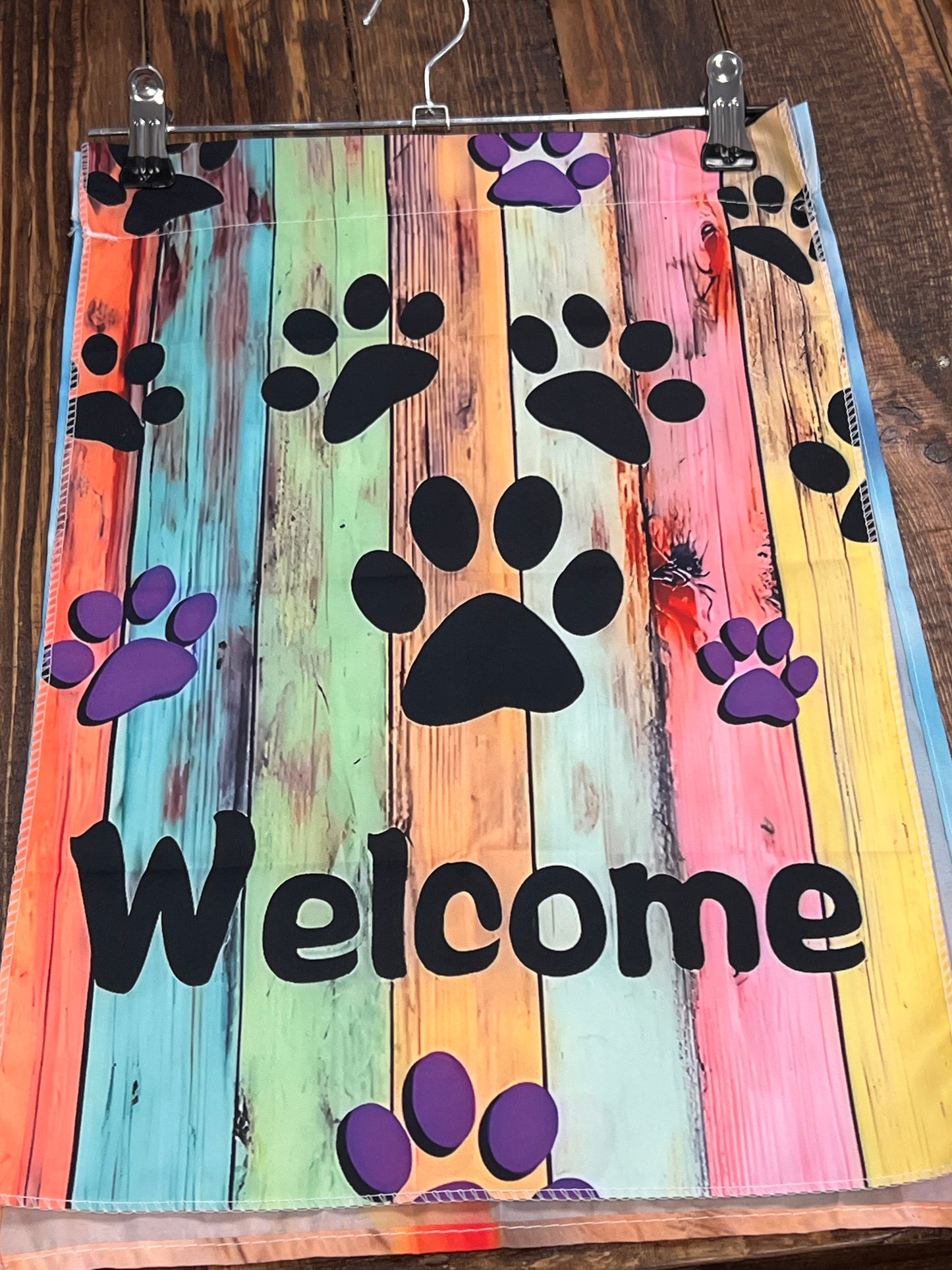 Colorful fence paw print Welcome garden flag