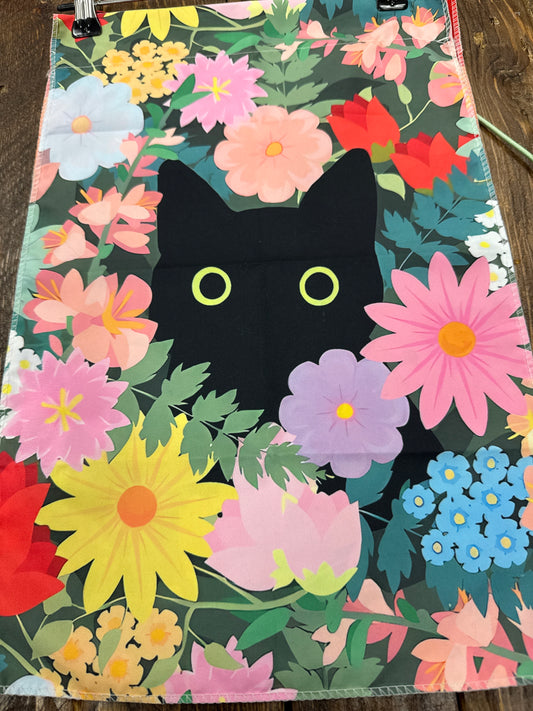 Peel aboo flowers black cat welcome garden flag woven fabric