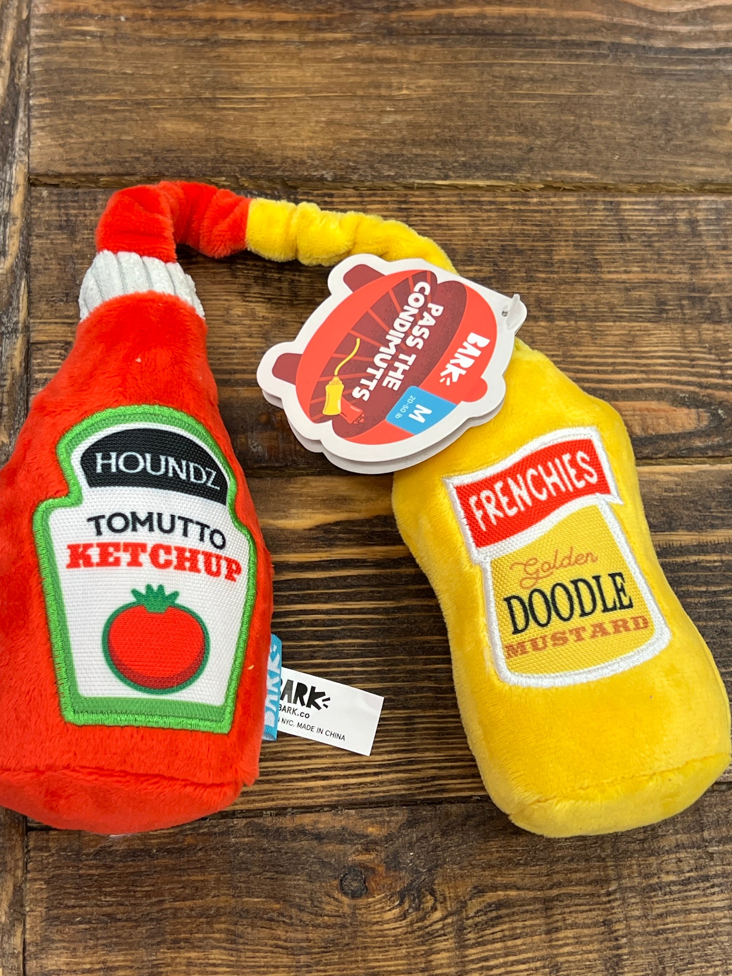Bark Pass the Condimutts dog toy size Medium ketchup mustard
