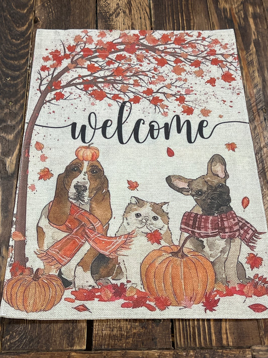 Welcome Autumn dog & cat pumpkins garden flag