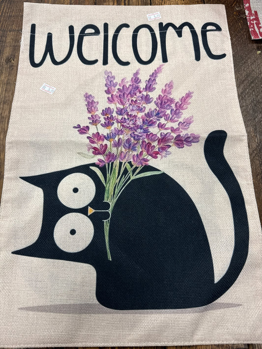 Welcome Black Cat Lavender garden flag woven fabric