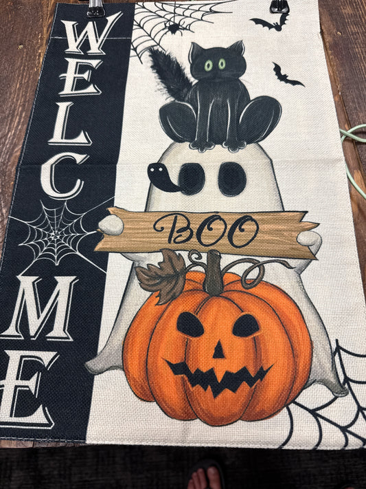 Welcome Boo blsck cat pumpkin garden flag woven fabric