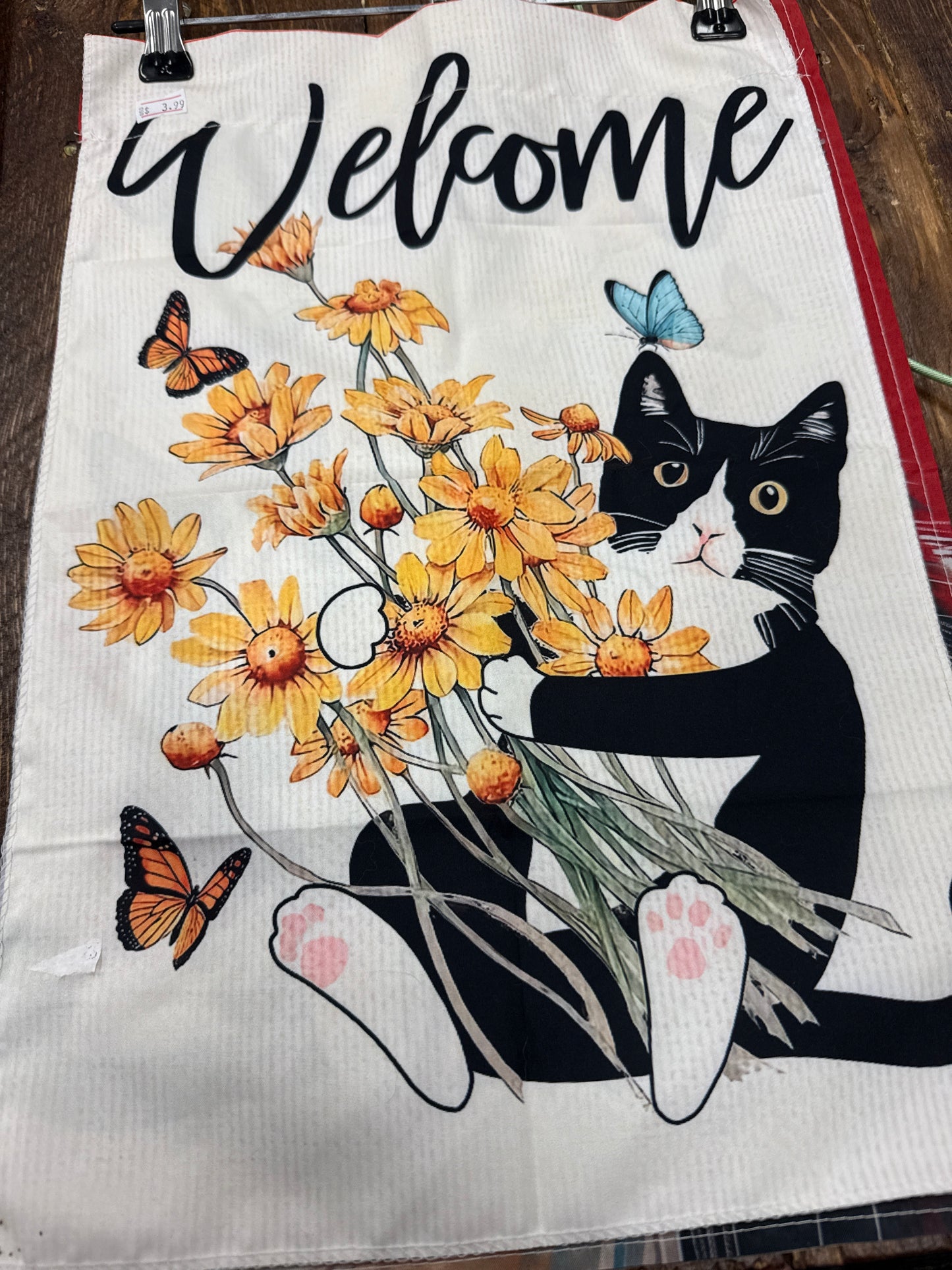 Welcome Tuxedo Cat garden flag woven fabric