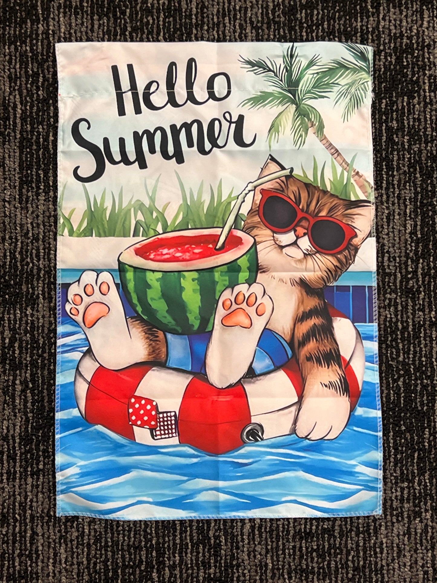 Hello Summer Cat watermelon garden flag