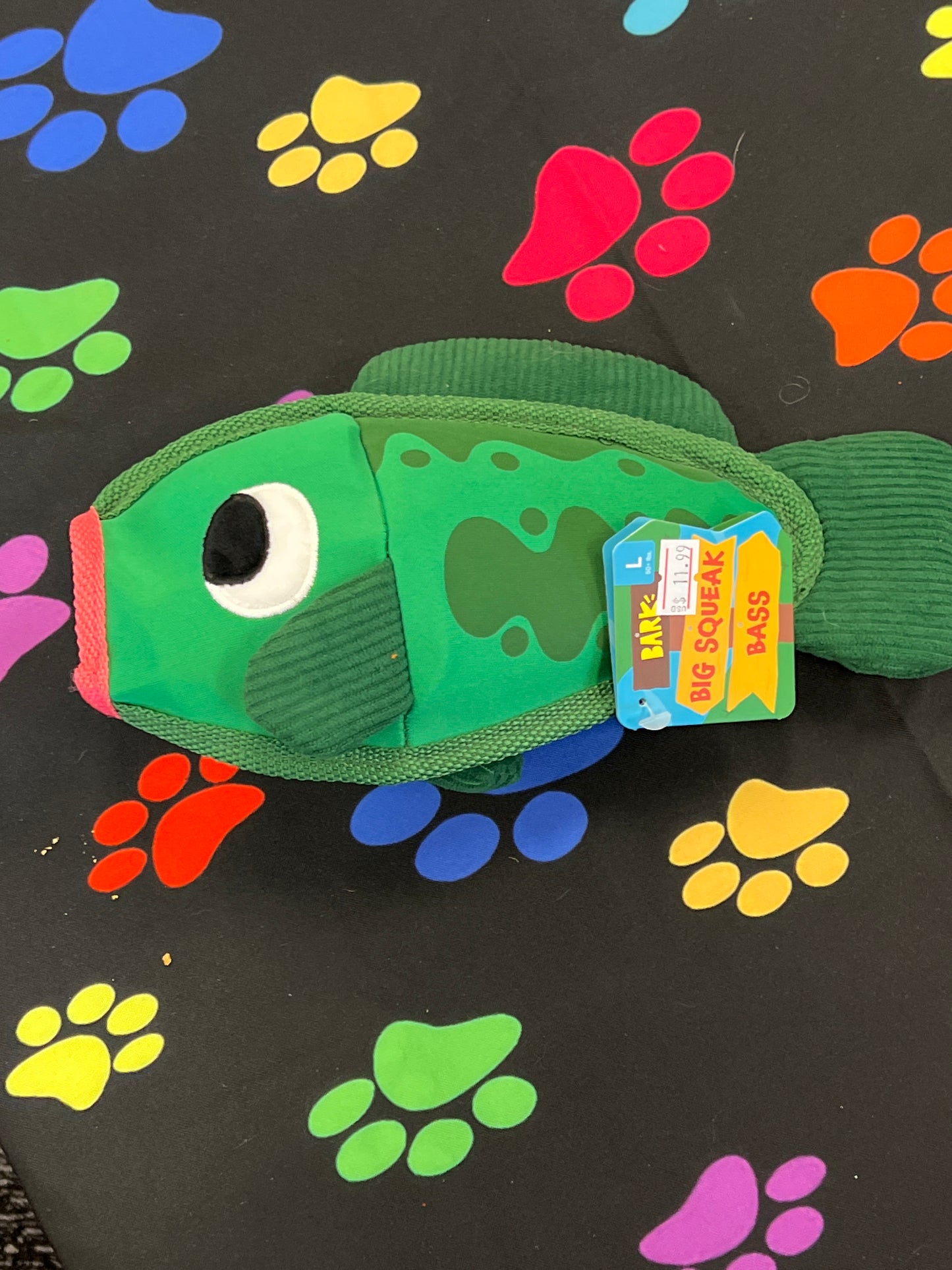 Bark Big Squeak Bass dog toy size large