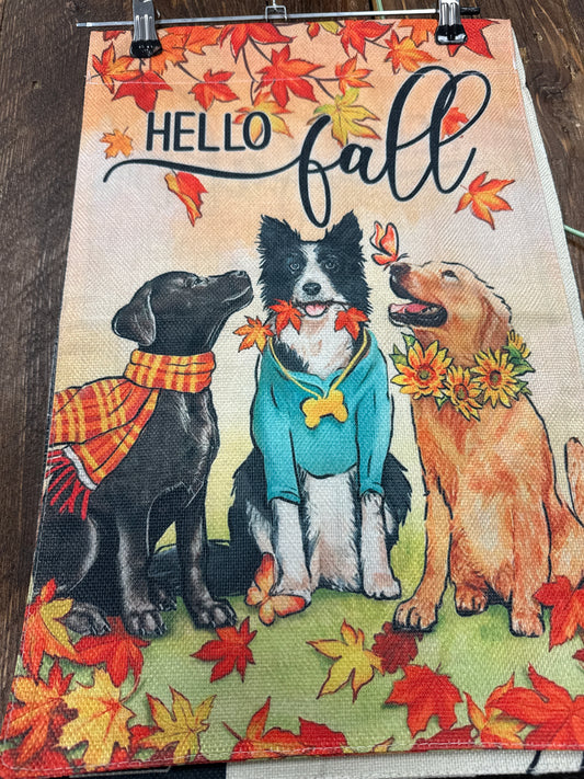 Hello fall Lab border collie garden flag woven fabric