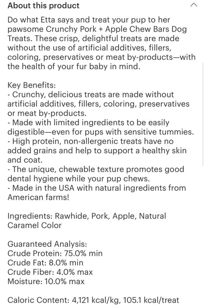 Etta says! Premium crunchy bars Pork & Apple dog treats
