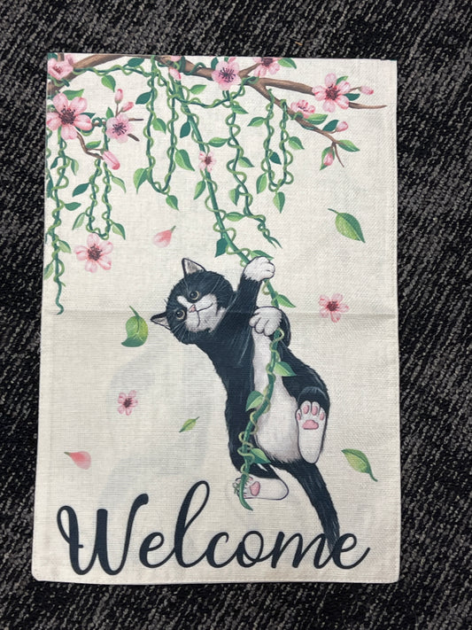 Welcome Tuxedo Cat Vine woven fabric