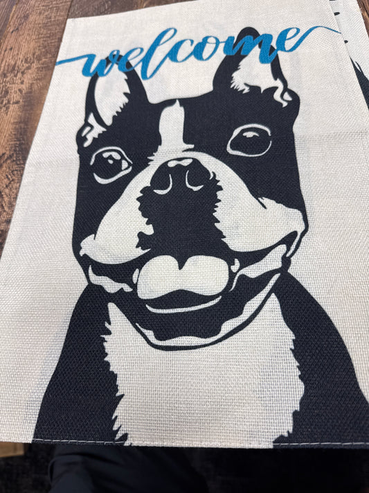 Welcome Boston Terrier garden flag woven fabric