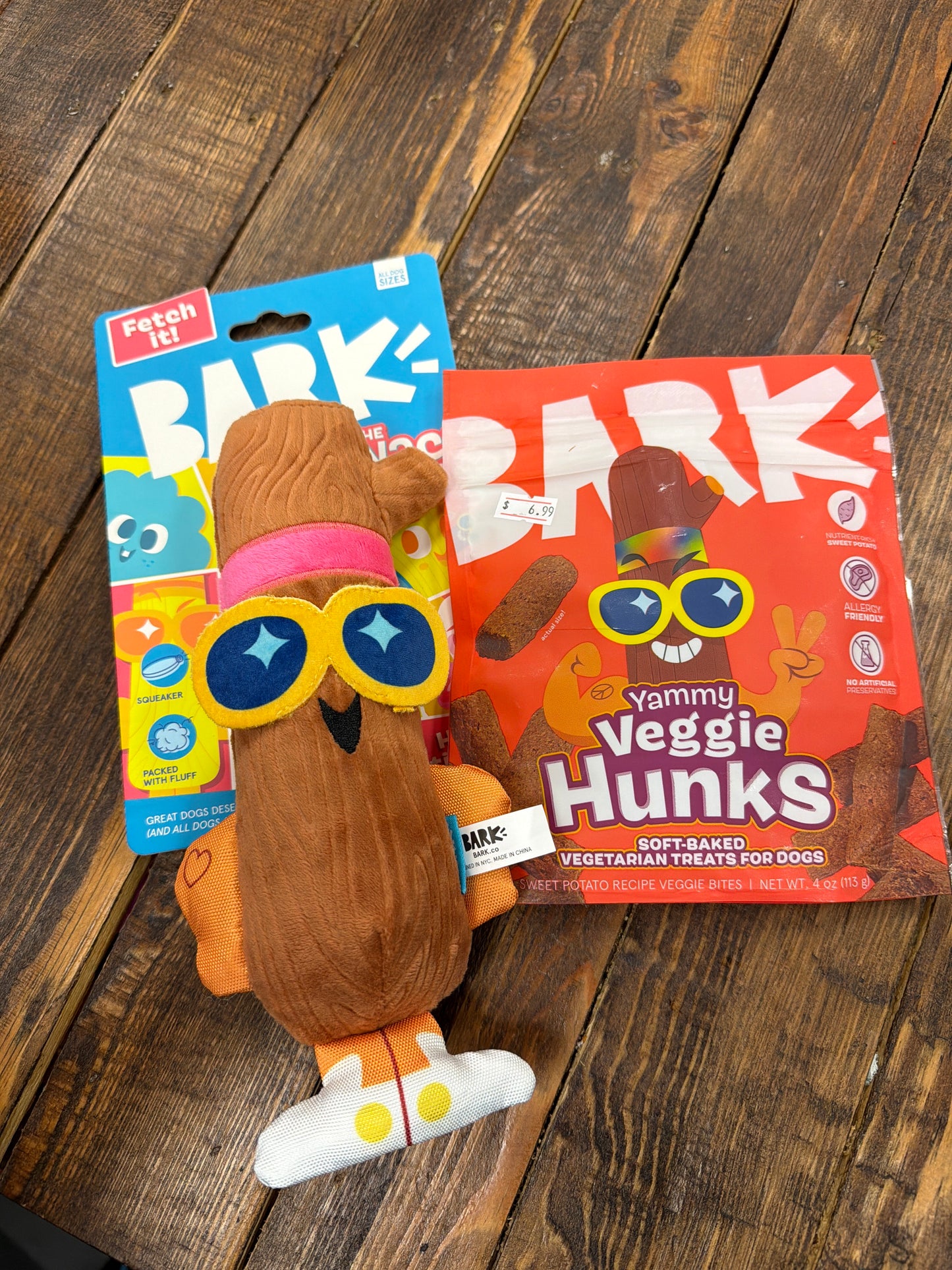 Bark Hunk Stickman toy and Yammy Veggie Hunks dog treats combo for all size dogs