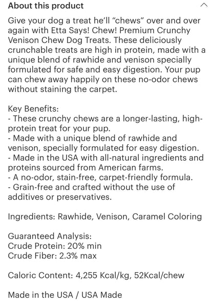 Etta Says! Premium crunchy Venison dog chew treats