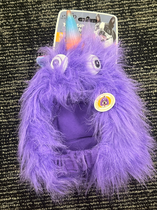 Pet costume purple hairy unicorn monster hat size small