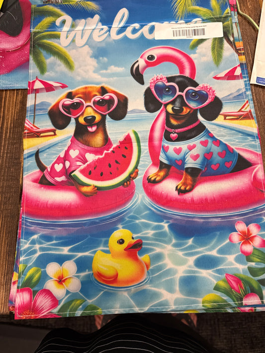 Welcome Dachshund Flamingo garden flag woven fabric