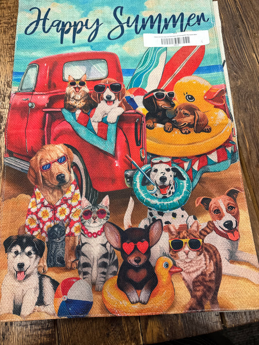 Happy summer dogs and cats beach red truck garden flag woven fabric