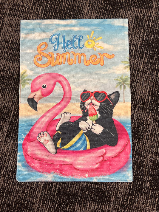 Hello Summer tuxedo Cat garden flag woven fabric