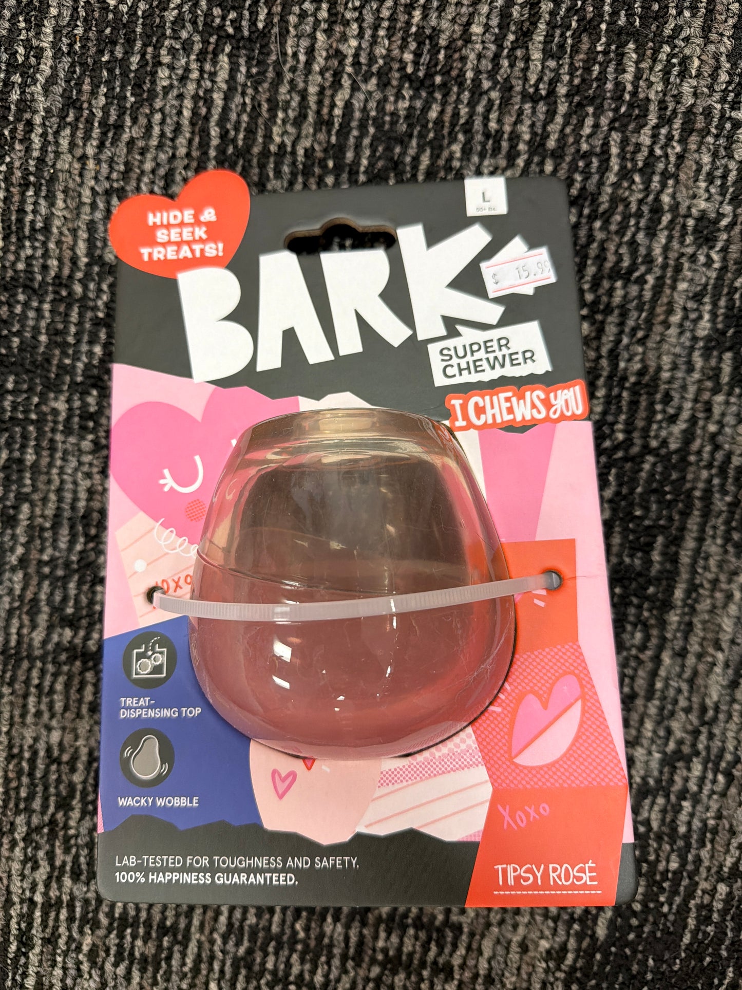 Bark super chewer tipsy rose’ I chews you dog toy size L