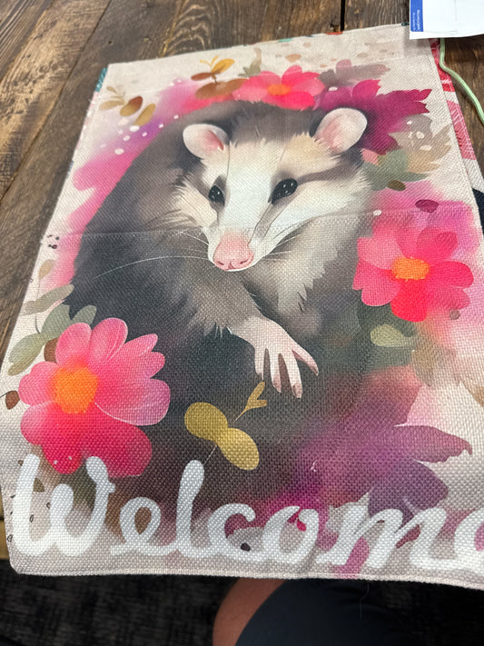 Possum Flower Welcome Spring garden flag woven fabric