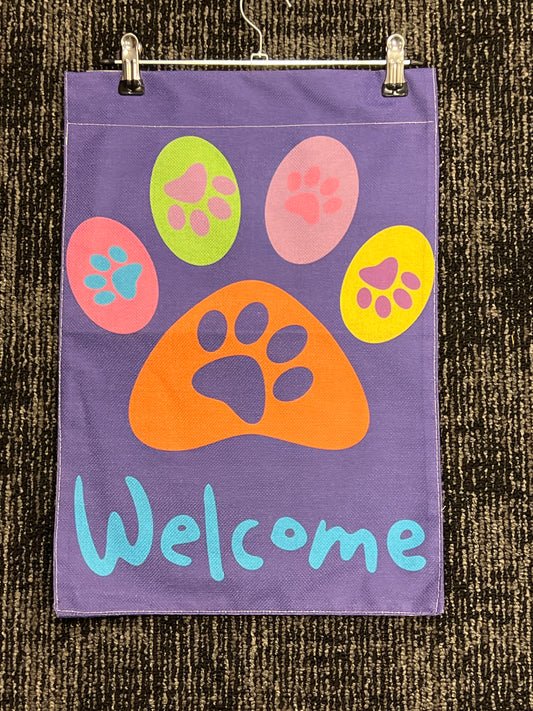 Purple Welcome paw print garden flag woven fabric