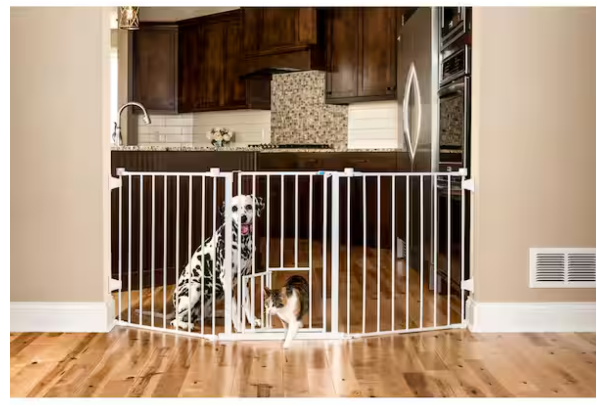 Carlson Flexi Extra Wide Walk-Through Pet Gate with Small Pet Door, White 50-76"